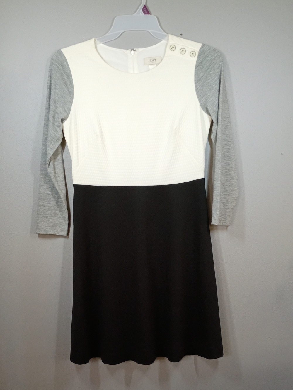 LOFT White, Gray & Black Long Sleeve Colorblock Midi Dress Size 6